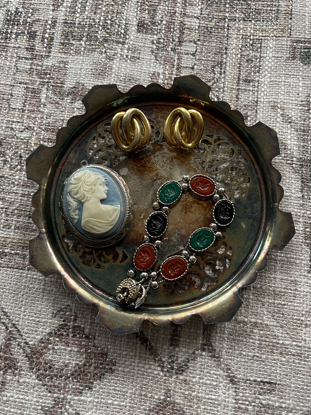 Set Featuring Dior Clip Earrings Baby Blue Vintage Cameo Locket & Cameo Bracelet